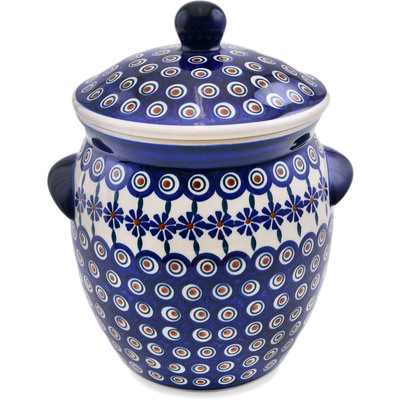 Polish Pottery Jar with Lid and Handles 11&quot; Peacock