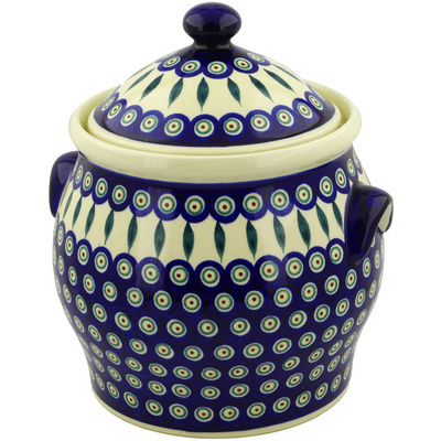 Polish Pottery Jar with Lid and Handles 11&quot; Peacock Leaves