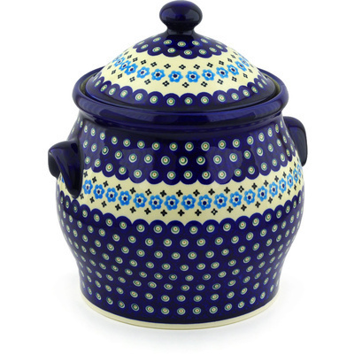 Polish Pottery Jar with Lid and Handles 11&quot; Peacock Poppy Chain