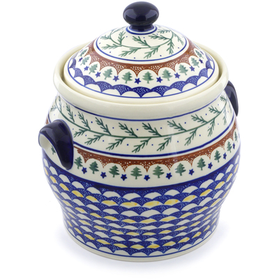 Polish Pottery Jar with Lid and Handles 11&quot; Pine Boughs