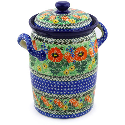 Polish Pottery Jar with Lid and Handles 11&quot; Poppy Parade UNIKAT