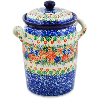 Polish Pottery Jar with Lid and Handles 11&quot; Red Bouquet UNIKAT