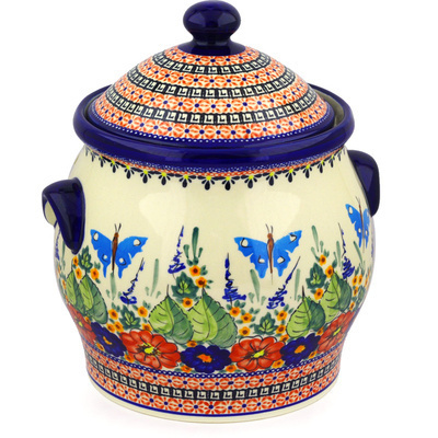 Polish Pottery Jar with Lid and Handles 11&quot; Spring Splendor UNIKAT