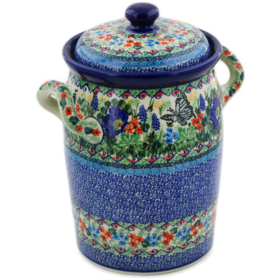 Polish Pottery Jar with Lid and Handles 11&quot; Summer Landscape UNIKAT