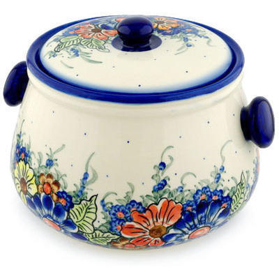 Polish Pottery Jar with Lid and Handles 11&quot; Summertime Blues UNIKAT