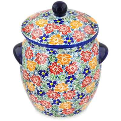 Polish Pottery Jar with Lid and Handles 11&quot; Warm Summer UNIKAT