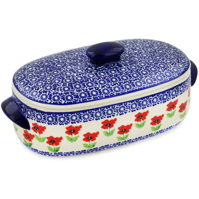 Polish Pottery Jar with Lid and Handles 11&quot; Wind-blown Poppies