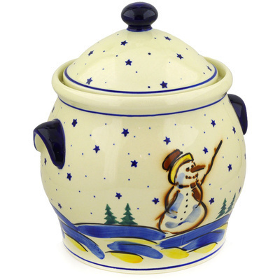 Polish Pottery Jar with Lid and Handles 11&quot; Winter Snowman