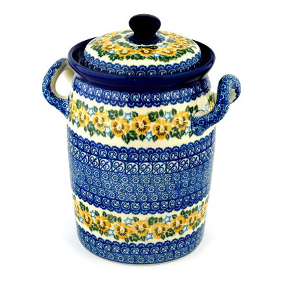 Polish Pottery Jar with Lid and Handles 11&quot; Yellow Pansy Star UNIKAT