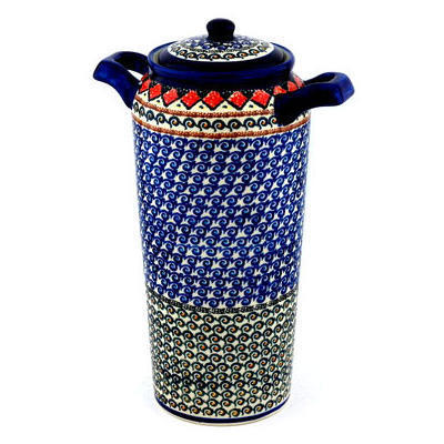 Polish Pottery Jar with Lid and Handles 14&quot; Coral Diamonds UNIKAT
