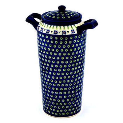 Polish Pottery Jar with Lid and Handles 14&quot; Green Gingham Peacock
