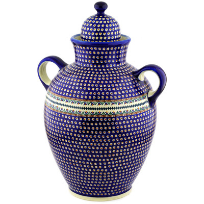 Polish Pottery Jar with Lid and Handles 20&quot; Floral Peacock UNIKAT