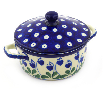 Polish Pottery Jar with Lid and Handles 5&quot; Bleeding Heart Peacock