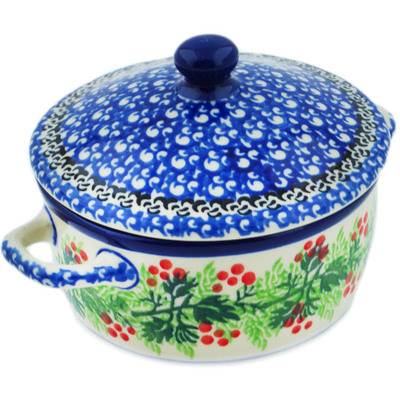Polish Pottery Jar with Lid and Handles 5&quot; Blooming Rowan