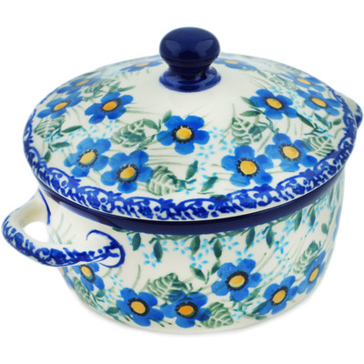 Polish Pottery Jar with Lid and Handles 5&quot; Blue Joy