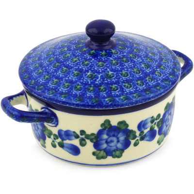 Polish Pottery Jar with Lid and Handles 5&quot; Blue Poppies