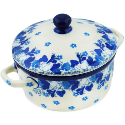 Polish Pottery Jar with Lid and Handles 5&quot; Blue Spring