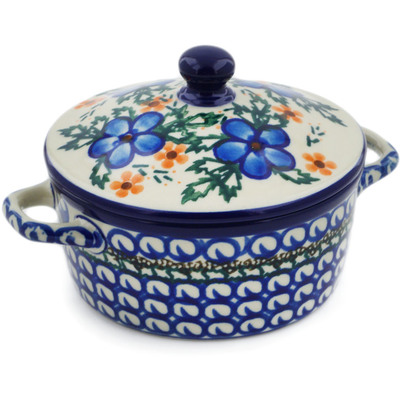 Polish Pottery Jar with Lid and Handles 5&quot; Cobblestone Garden