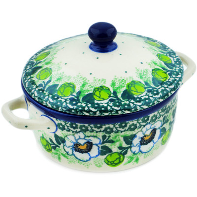 Polish Pottery Jar with Lid and Handles 5&quot; Green Flora