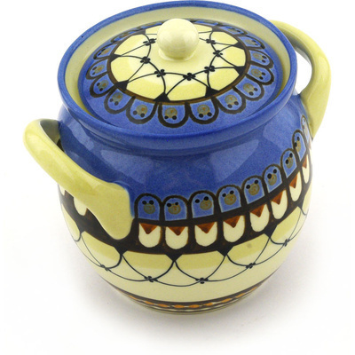 Polish Pottery Jar with Lid and Handles 5&quot; Happy Penguins UNIKAT