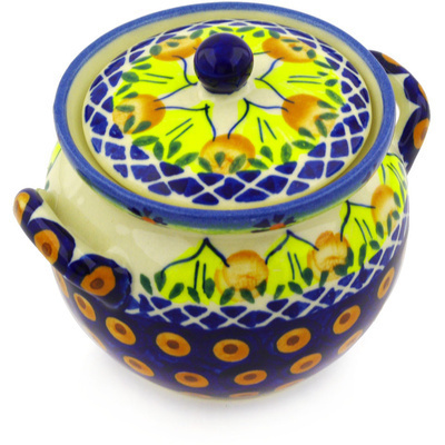 Polish Pottery Jar with Lid and Handles 5&quot; Sunflower Power UNIKAT