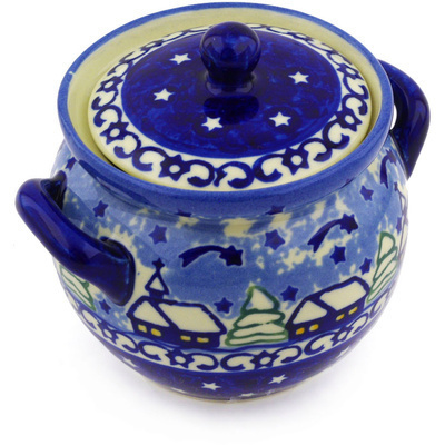 Polish Pottery Jar with Lid and Handles 5&quot; Village Stars UNIKAT