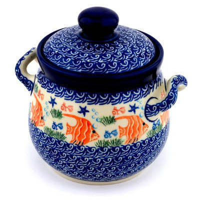 Polish Pottery Jar with Lid and Handles 6&quot; Angel Fish