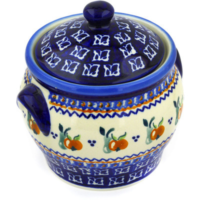 Polish Pottery Jar with Lid and Handles 6&quot; Apple Pears