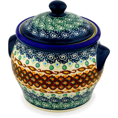 Polish Pottery Jar with Lid and Handles 6&quot; Artichoke Heart UNIKAT