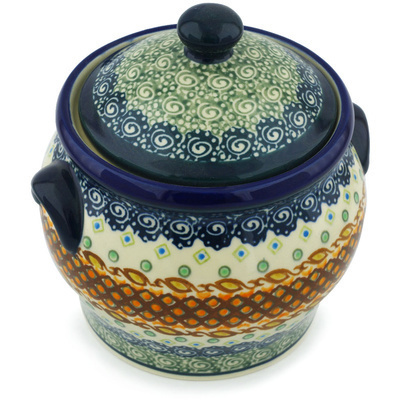 Polish Pottery Jar with Lid and Handles 6&quot; Artichoke Heart UNIKAT