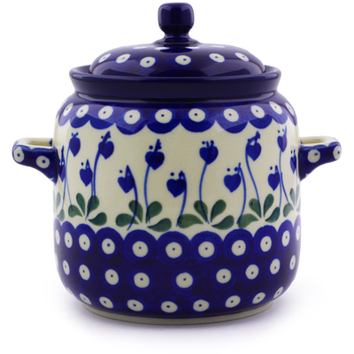 Polish Pottery Jar with Lid and Handles 6-inch Bleeding Heart Peacock
