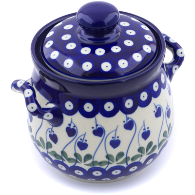 Polish Pottery Jar with Lid and Handles 6&quot; Bleeding Heart Peacock