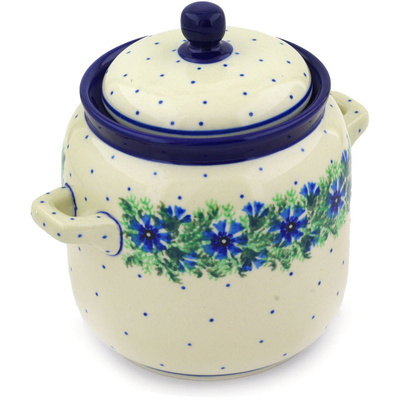 Polish Pottery Jar with Lid and Handles 6-inch Blue Bell Wreath