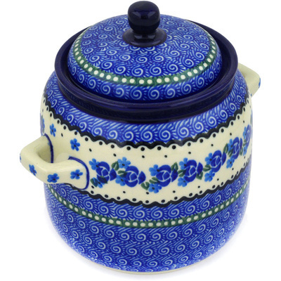 Polish Pottery Jar with Lid and Handles 6-inch Blue Bud Sea