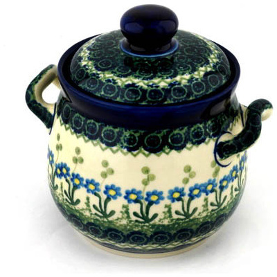 Polish Pottery Jar with Lid and Handles 6&quot; Blue Daisy Circle