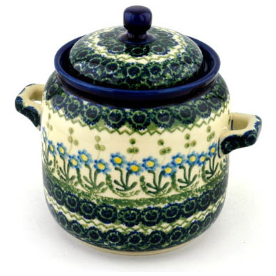 Polish Pottery Jar with Lid and Handles 6-inch Blue Daisy Circle