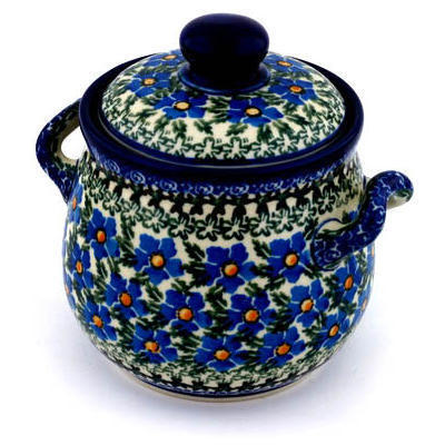 Polish Pottery Jar with Lid and Handles 6&quot; Blue Daisy Dream UNIKAT