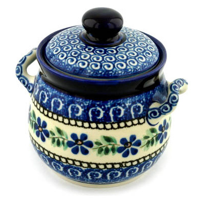 Polish Pottery Jar with Lid and Handles 6&quot; Blue Daisy Swirls