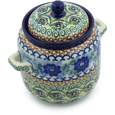 Polish Pottery Jar with Lid and Handles 6-inch Blue Poppy Circle UNIKAT