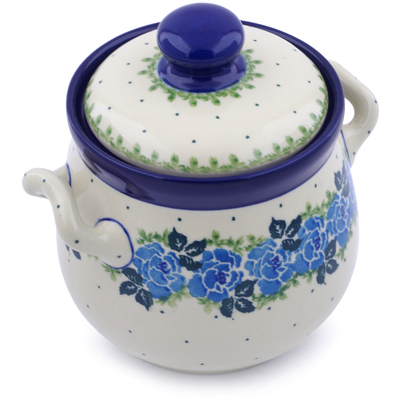 Polish Pottery Jar with Lid and Handles 6&quot; Blue Rose