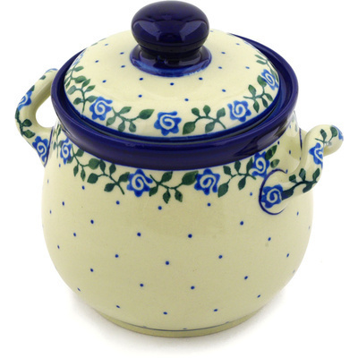 Polish Pottery Jar with Lid and Handles 6&quot; Blue Rose Vine