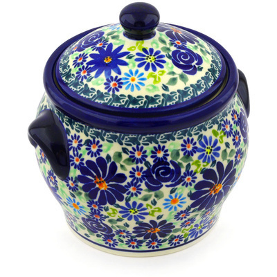 Polish Pottery Jar with Lid and Handles 6&quot; Blue Summer Garden