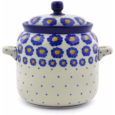 Polish Pottery Jar with Lid and Handles 6-inch Blue Zinnia