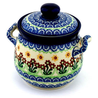 Polish Pottery Jar with Lid and Handles 6&quot; Brown Daisy Dance