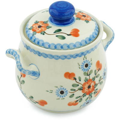 Polish Pottery Jar with Lid and Handles 6&quot; Cherry Blossoms