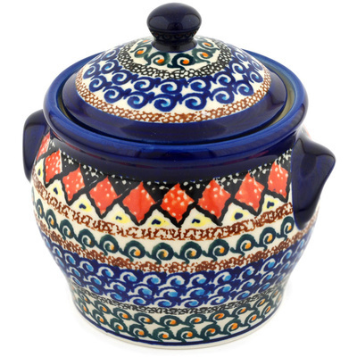 Polish Pottery Jar with Lid and Handles 6&quot; Coral Diamonds UNIKAT