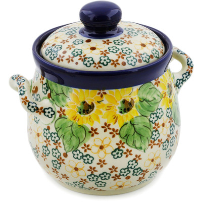 Polish Pottery Jar with Lid and Handles 6&quot; Country Sunflower UNIKAT