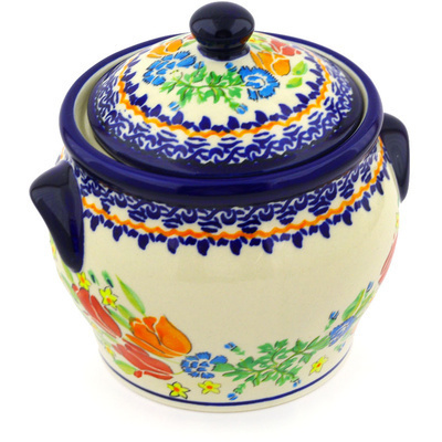 Polish Pottery Jar with Lid and Handles 6&quot; Couronne De Feuillage UNIKAT