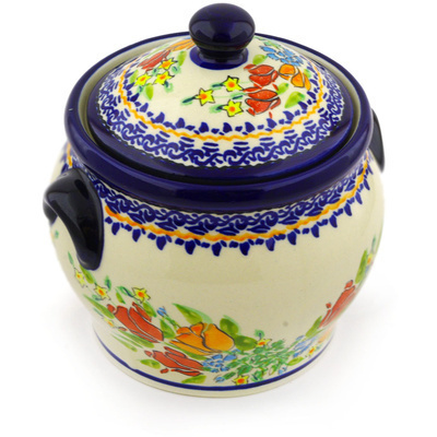 Polish Pottery Jar with Lid and Handles 6&quot; Couronne De Feuillage UNIKAT