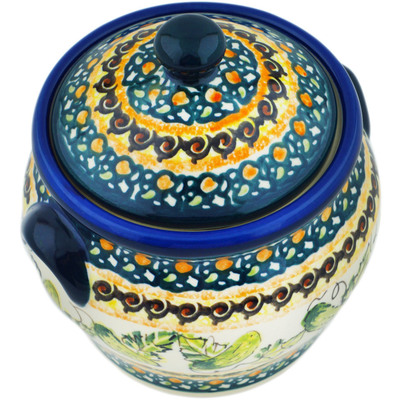 Polish Pottery Jar with Lid and Handles 6&quot; Cucumber Patch
